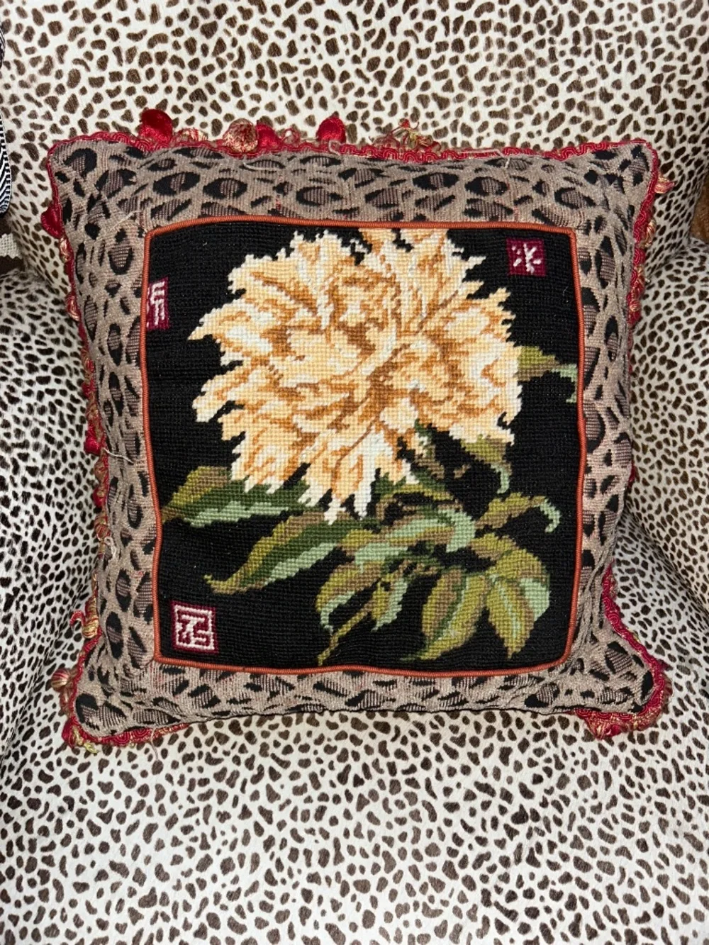 Antique Leopard trim peony flower needlepoint accent pillow